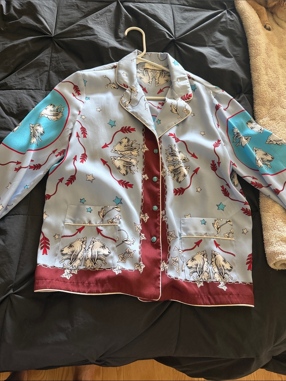 Sandro Light Blue & Burgundy Novelty Print Button-Front Jacket